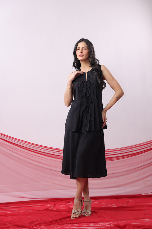 Black Straight Fit Sleeveless Casual Russian Silk Co-ord Set