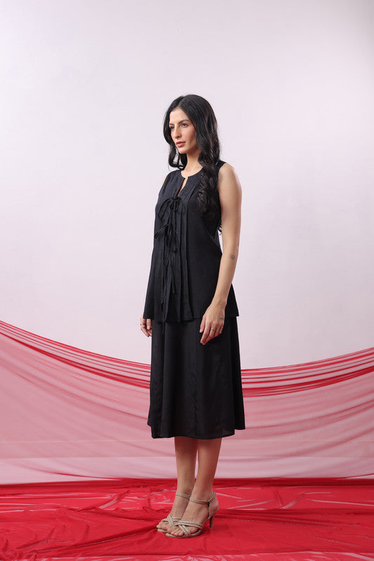 Black Straight Fit Sleeveless Casual Russian Silk Co-ord Set