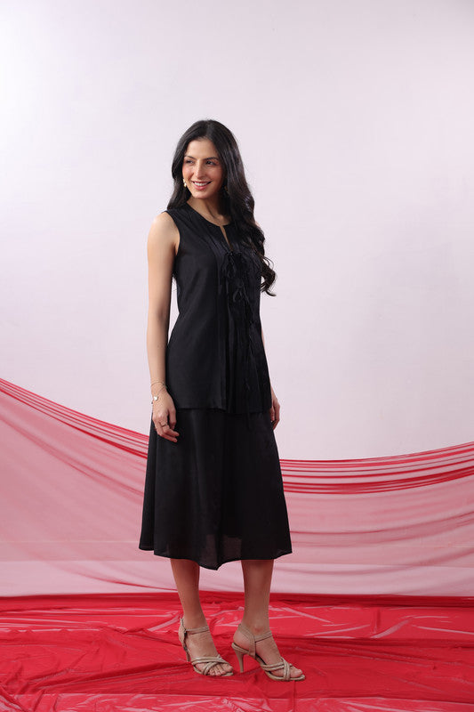 Black Straight Fit Sleeveless Casual Russian Silk Co-ord Set