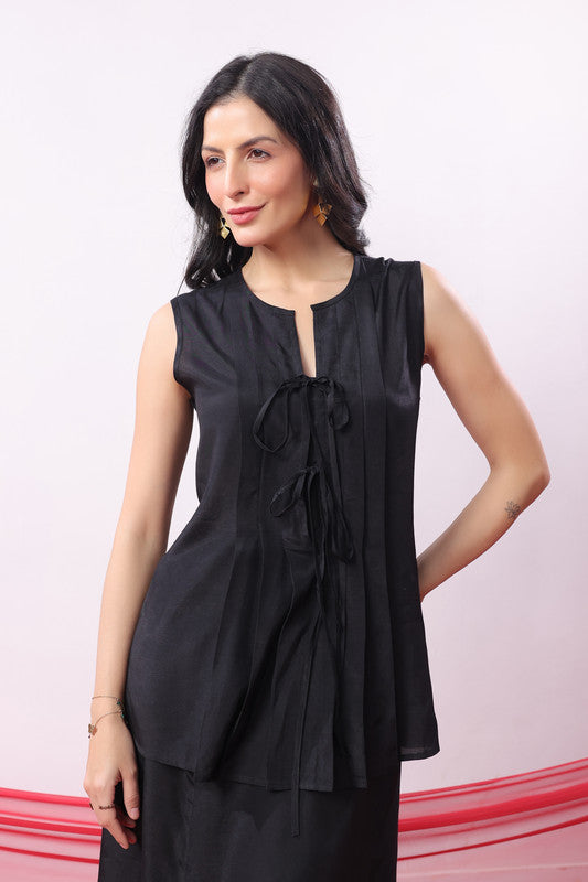 Black Straight Fit Sleeveless Casual Russian Silk Co-ord Set