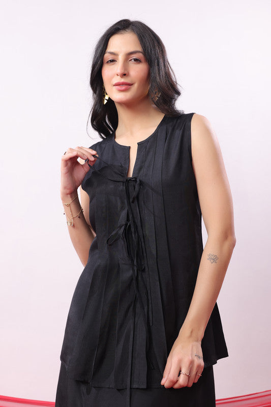 Black Straight Fit Sleeveless Casual Russian Silk Co-ord Set