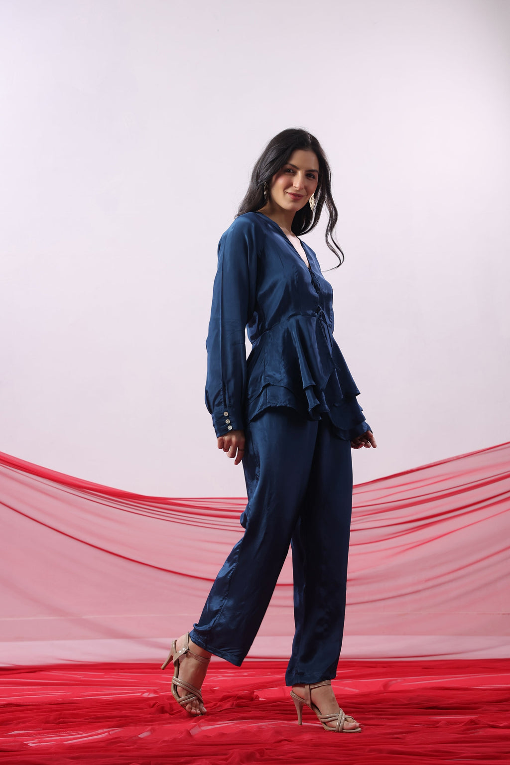 Navy Blue Solid Lace-Up Front Co-Ord Set