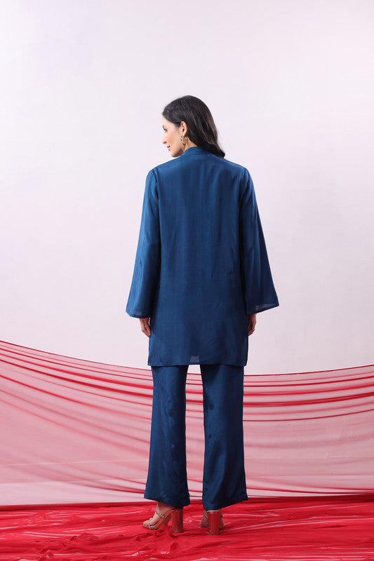 Blue Solid Pintuck Detail Russian Silk Co-ord Set