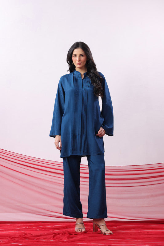 Blue Solid Pintuck Detail Russian Silk Co-ord Set
