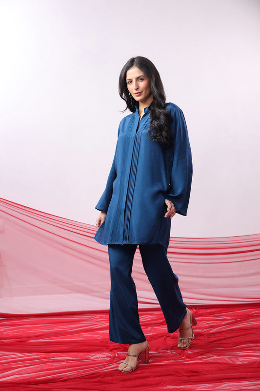 Blue Solid Pintuck Detail Russian Silk Co-ord Set