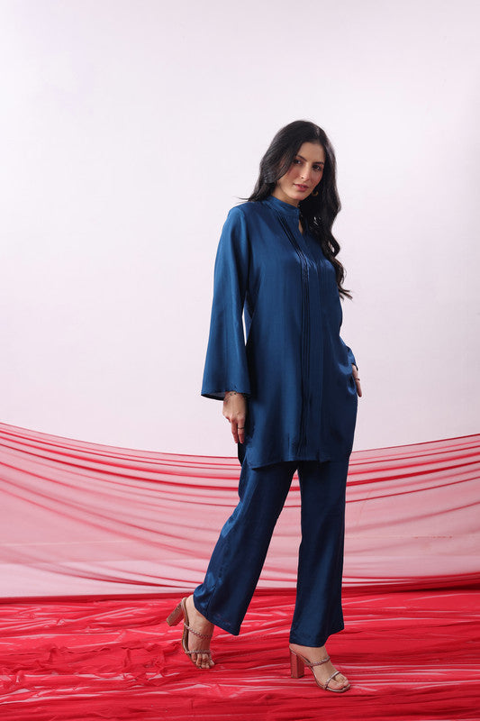 Blue Solid Pintuck Detail Russian Silk Co-ord Set