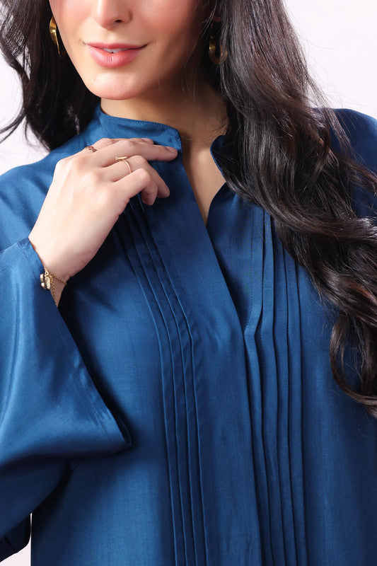 Blue Solid Pintuck Detail Russian Silk Co-ord Set