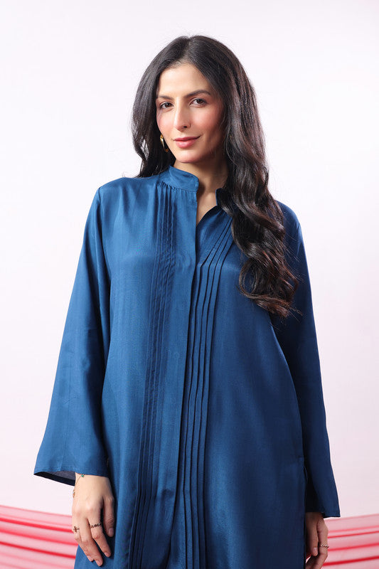 Blue Solid Pintuck Detail Russian Silk Co-ord Set