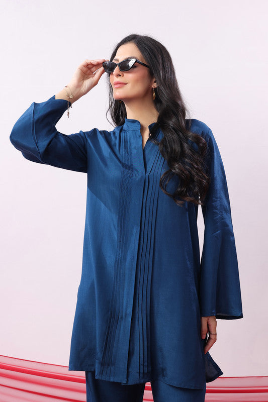 Blue Solid Pintuck Detail Russian Silk Co-ord Set