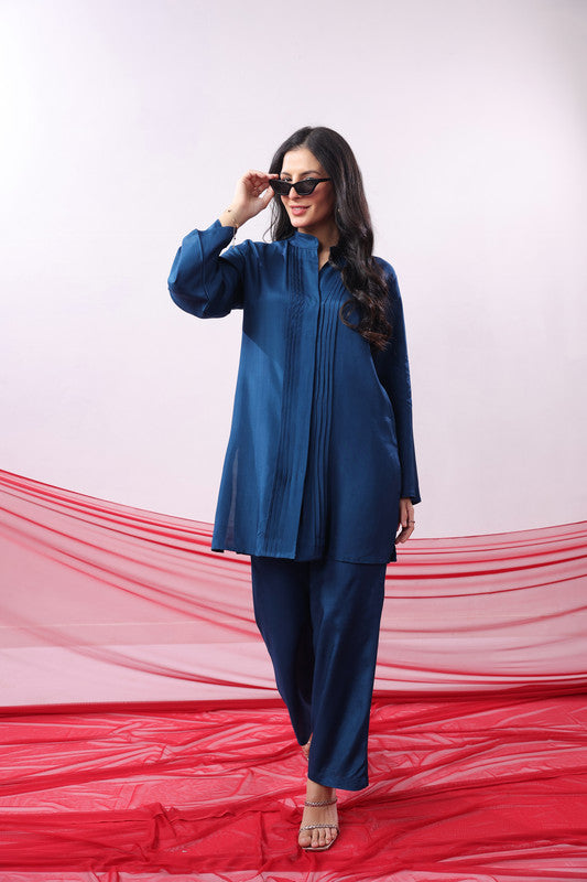 Blue Solid Pintuck Detail Russian Silk Co-ord Set