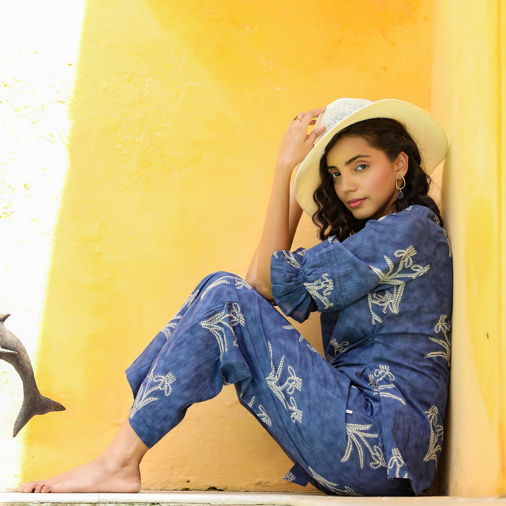 Floweret on Front Knot Blue Cotton Co-ord Set