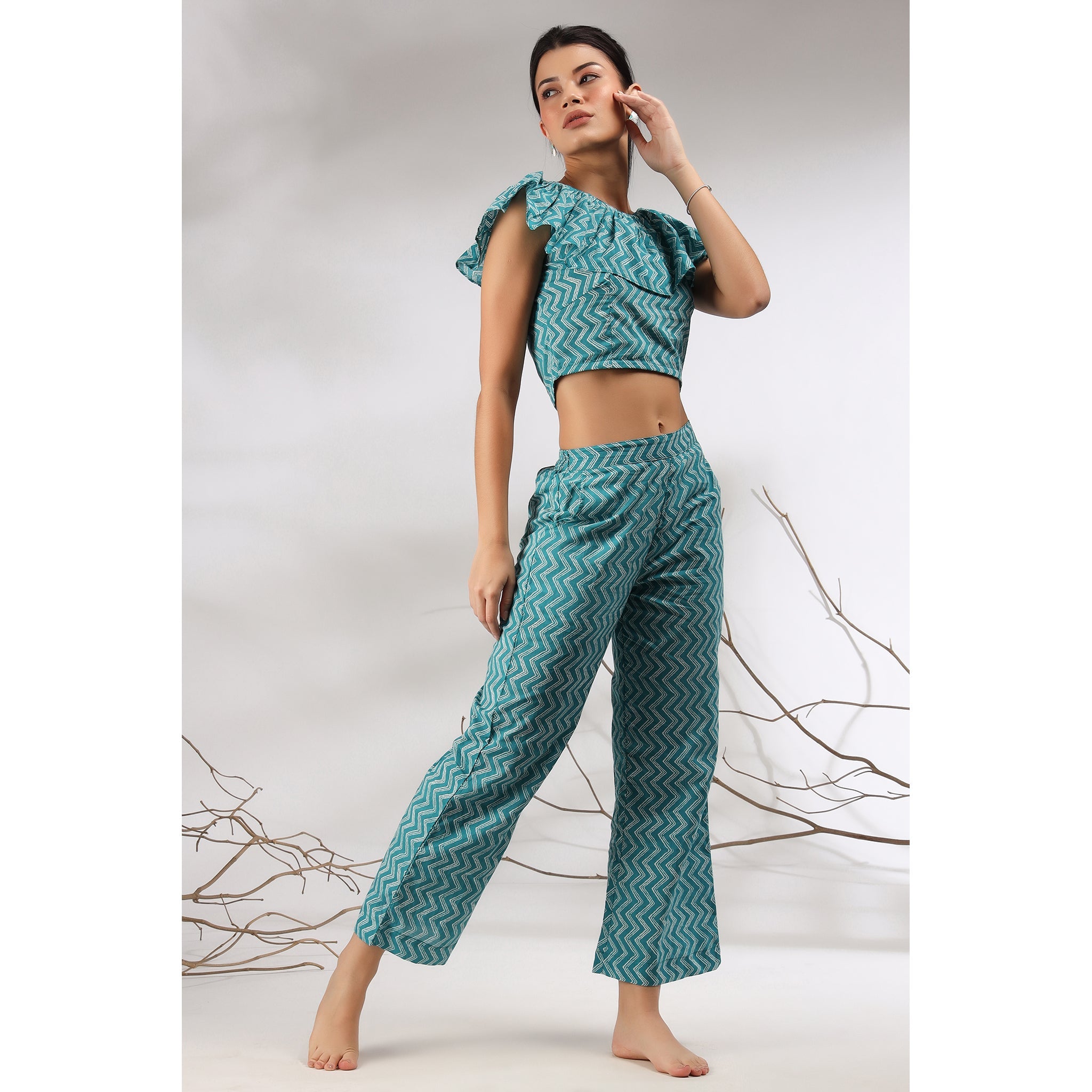 Glitched Stripes on Blue Cotton Co-ord Set