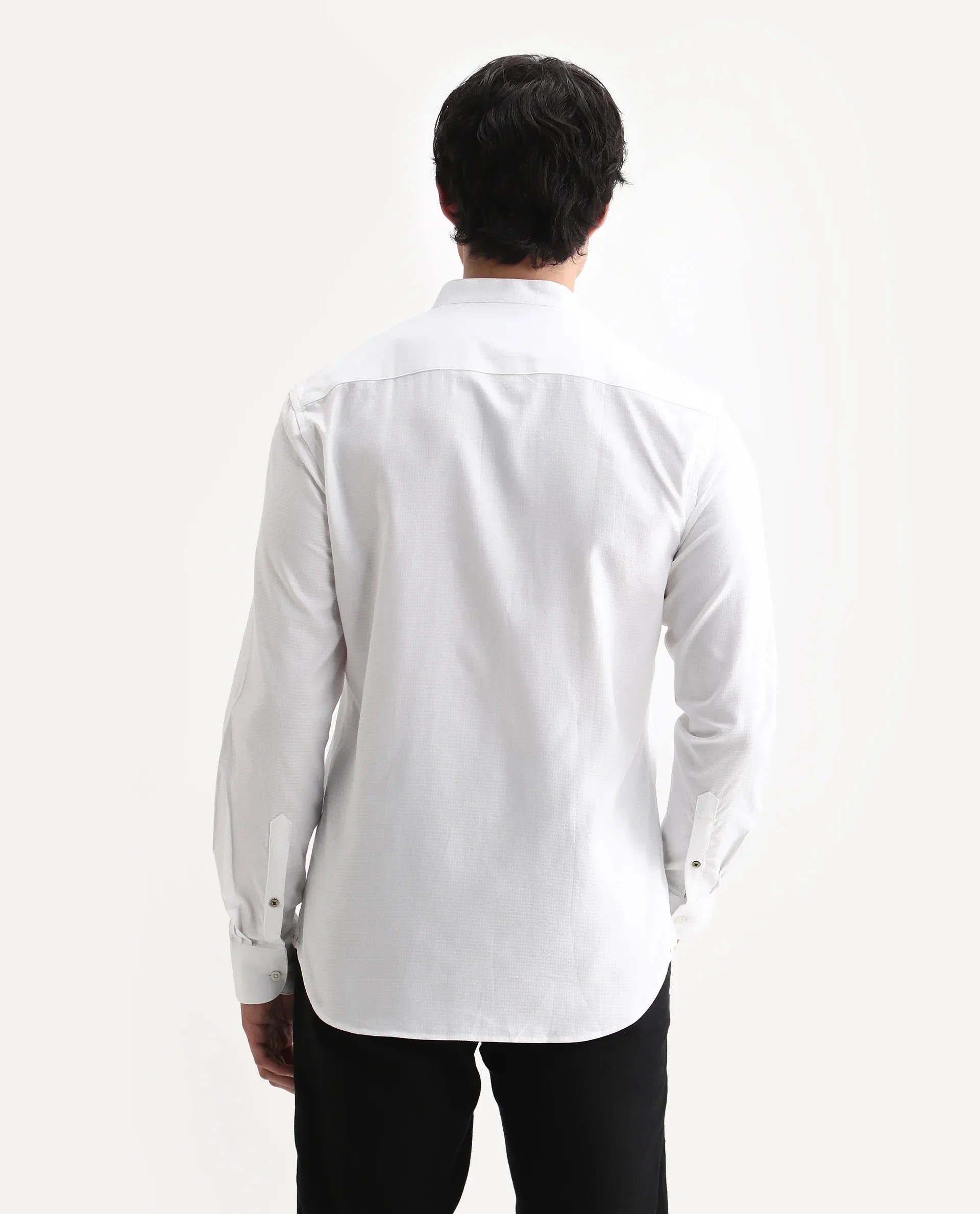 Rare Rabbit Men's Stellar White Cotton Checked Print Regular Fit Full Sleeve Mandarin Collar Shirt