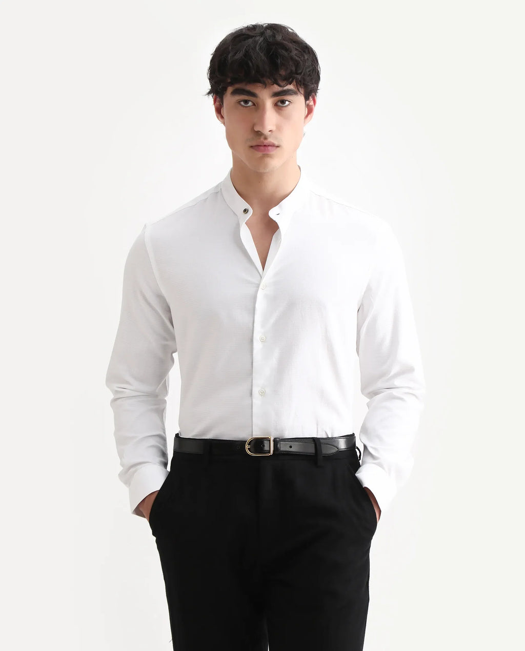 Rare Rabbit Men's Stellar White Cotton Checked Print Regular Fit Full Sleeve Mandarin Collar Shirt