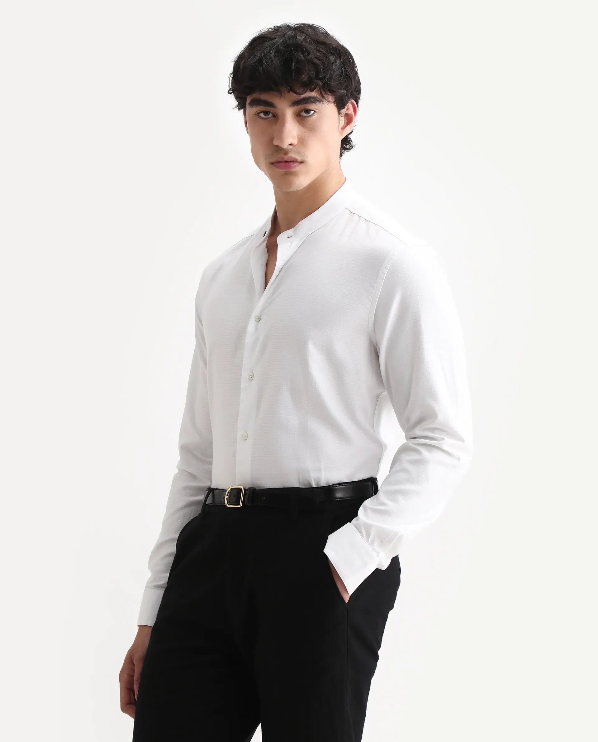 Rare Rabbit Men's Stellar White Cotton Checked Print Regular Fit Full Sleeve Mandarin Collar Shirt