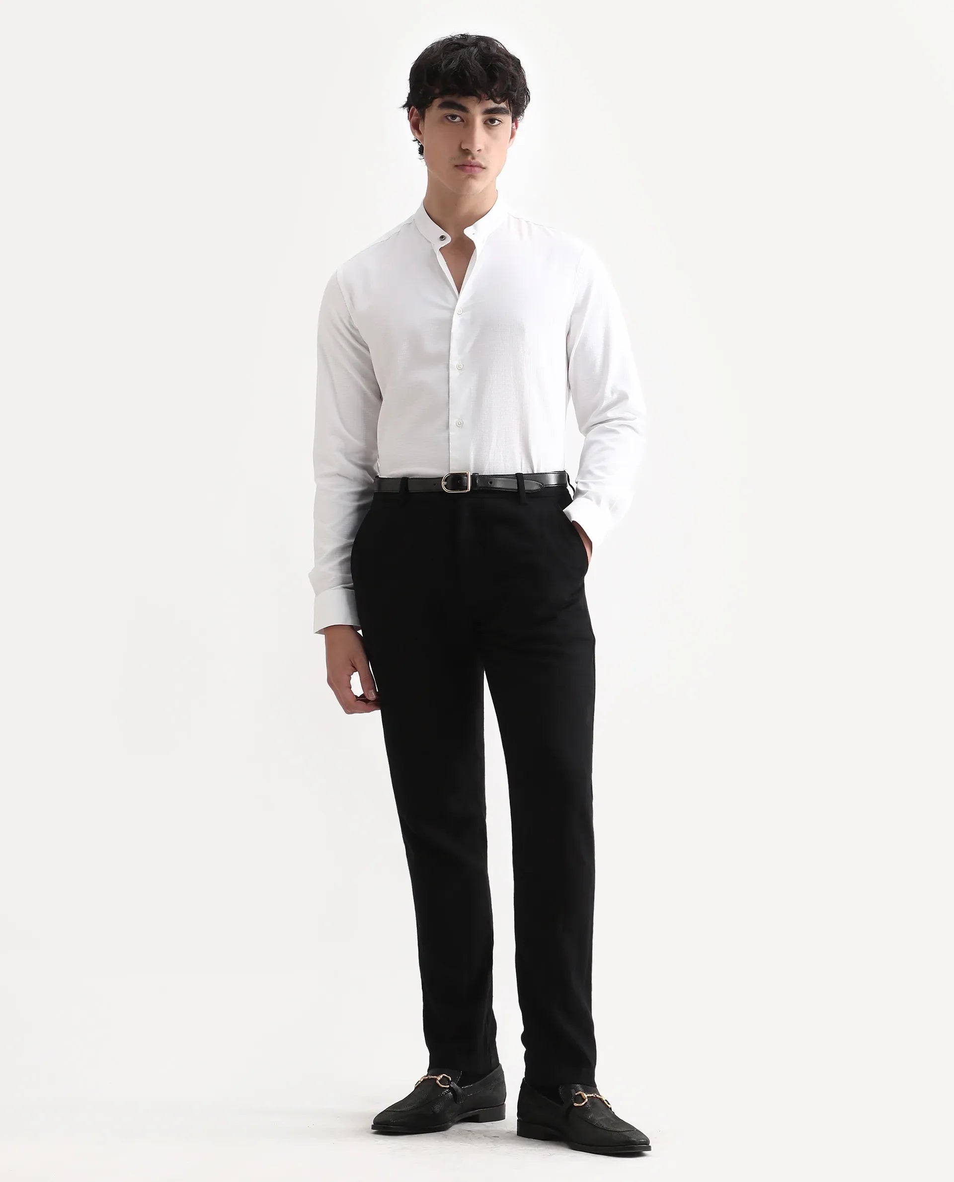 Rare Rabbit Men's Stellar White Cotton Checked Print Regular Fit Full Sleeve Mandarin Collar Shirt