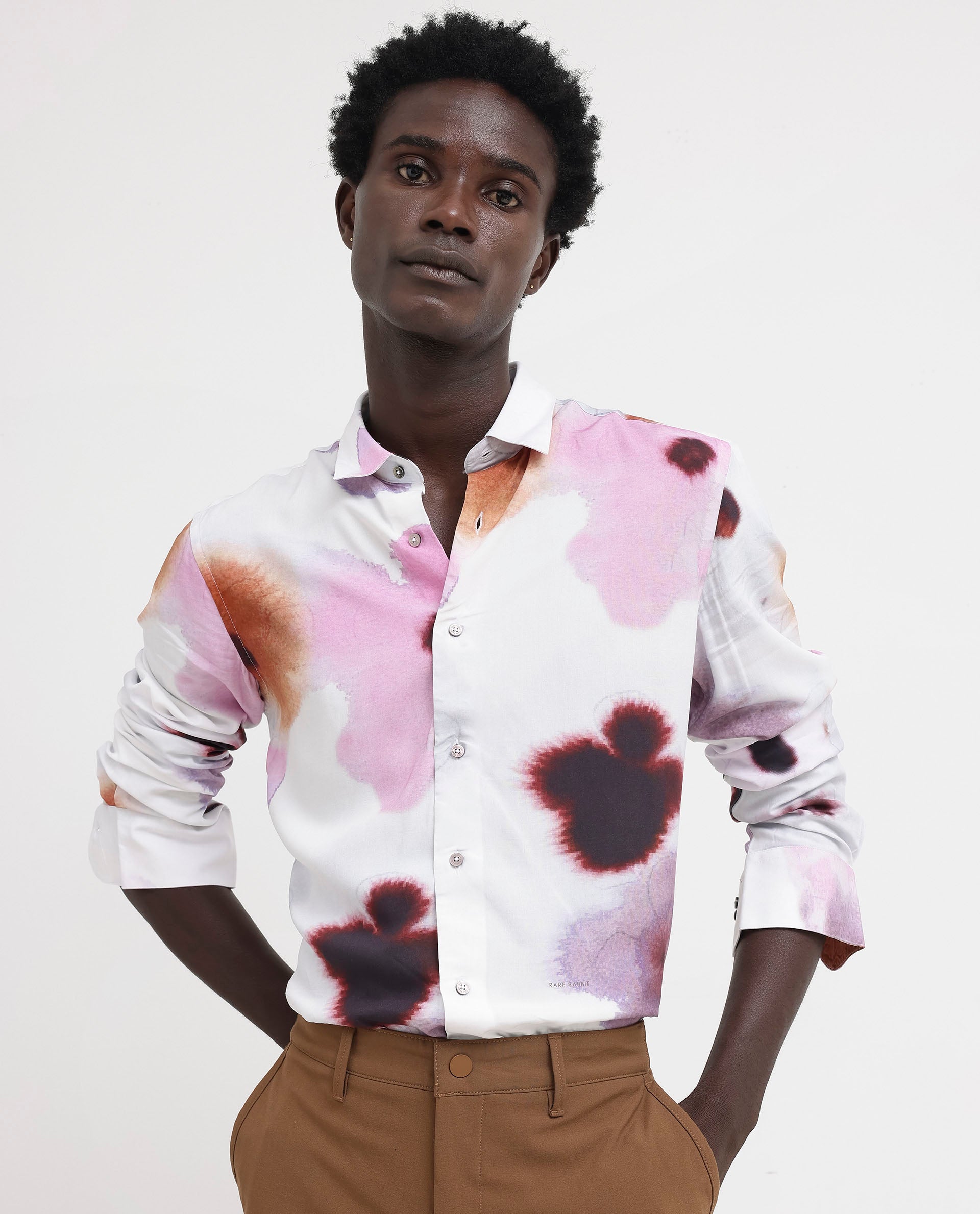 Rare Rabbit Men's Stereo Pink Viscose Floral Print Regular Fit Full Sleeve Collared Shirt