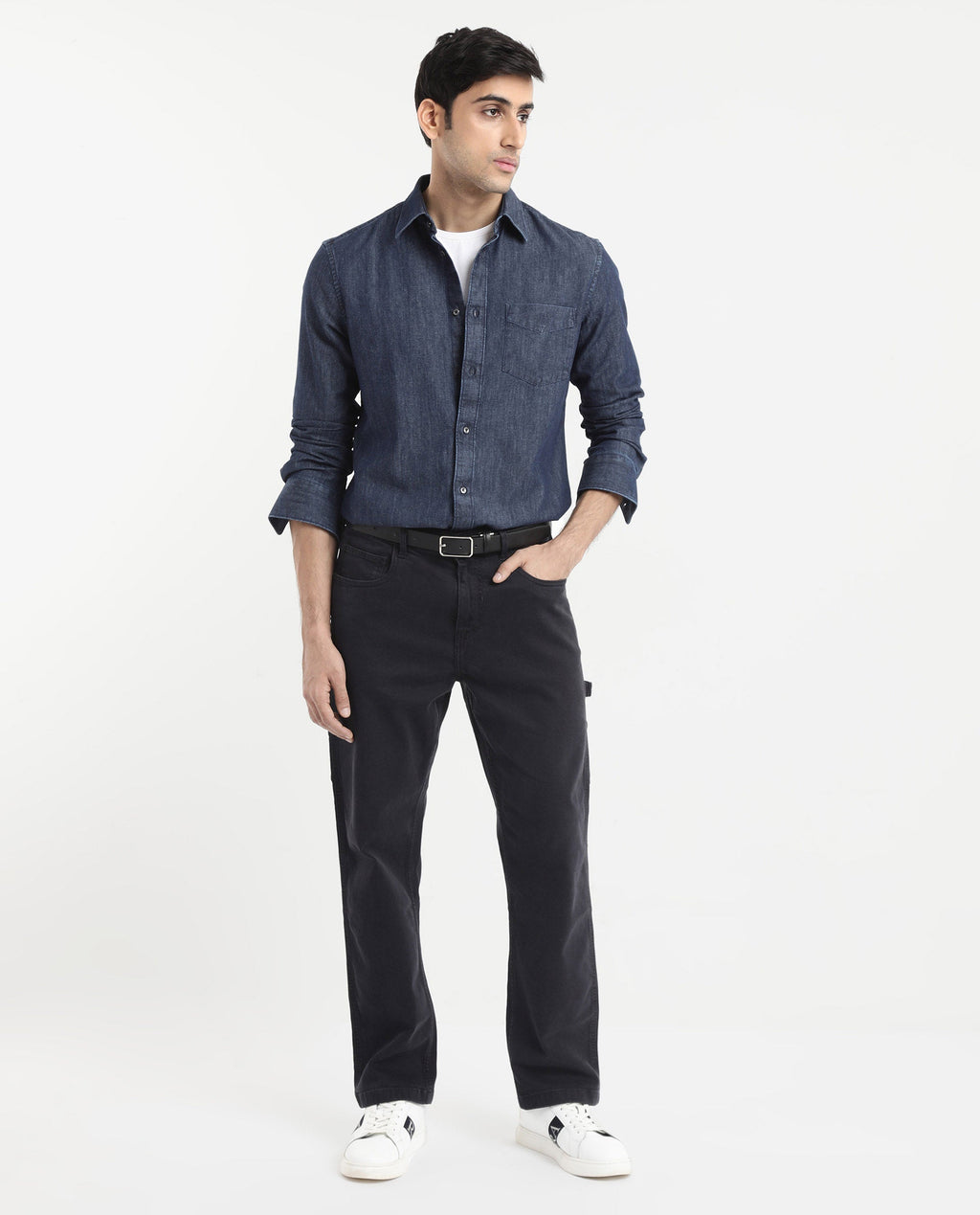 Rare Rabbit Men's Storm Dark Blue Cotton Plain Regular Fit Full Sleeve Collared Denim Shirt