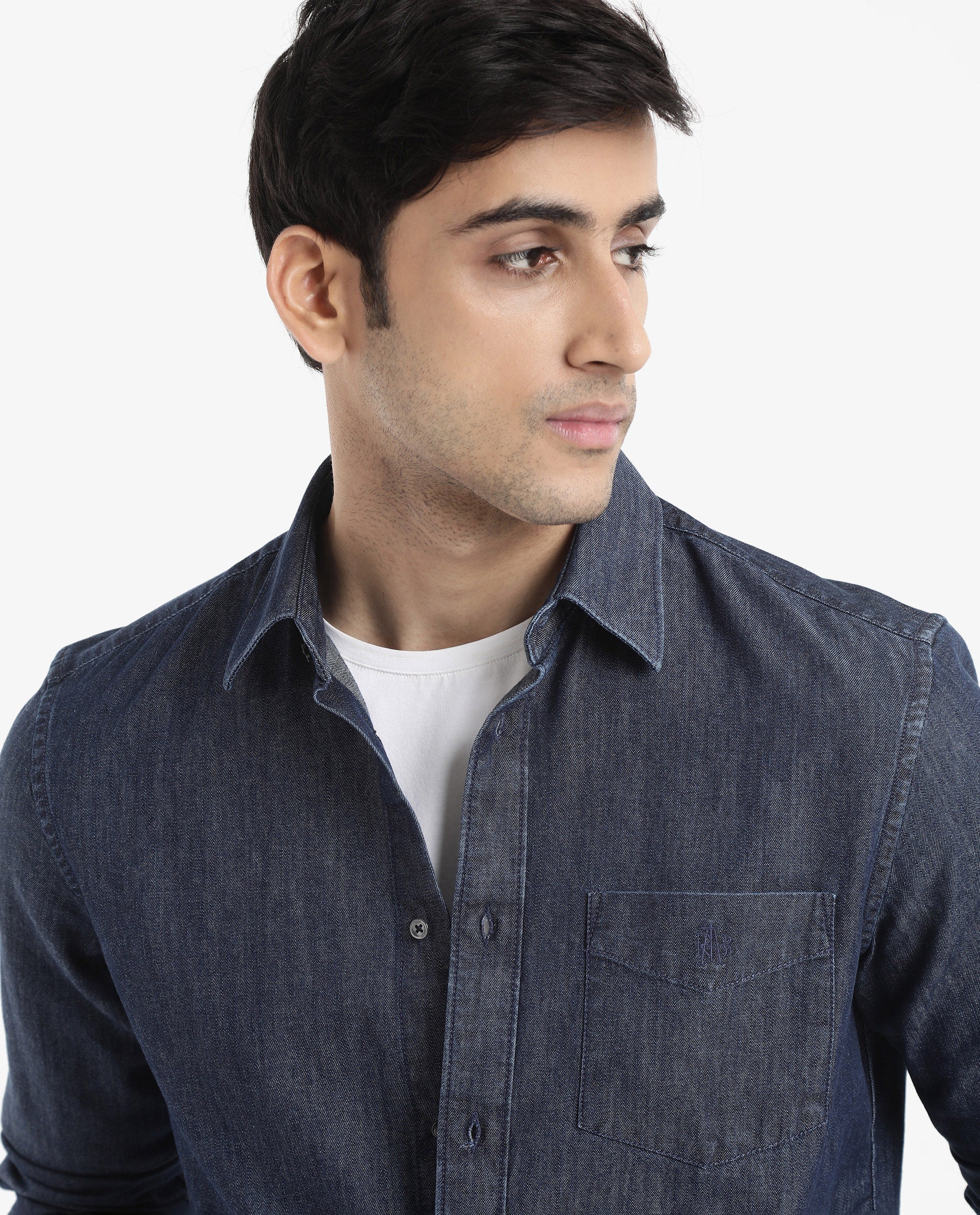 Rare Rabbit Men's Storm Dark Blue Cotton Plain Regular Fit Full Sleeve Collared Denim Shirt