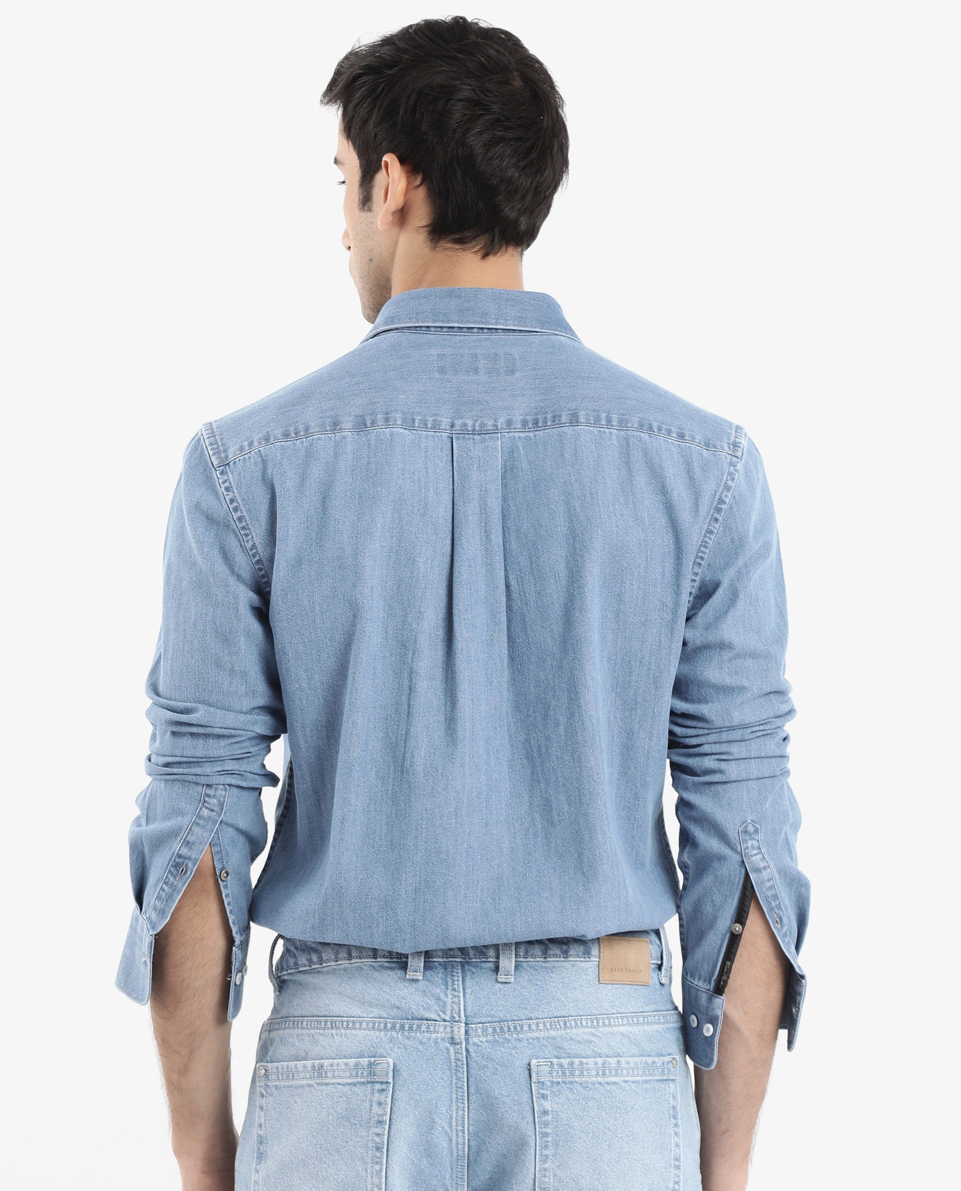 Rare Rabbit Men's Storm Light Blue Cotton Plain Regular Fit Full Sleeve Collared Denim Shirt