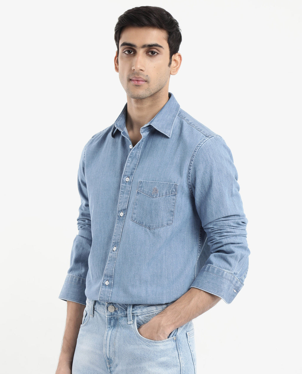 Rare Rabbit Men's Storm Light Blue Cotton Plain Regular Fit Full Sleeve Collared Denim Shirt