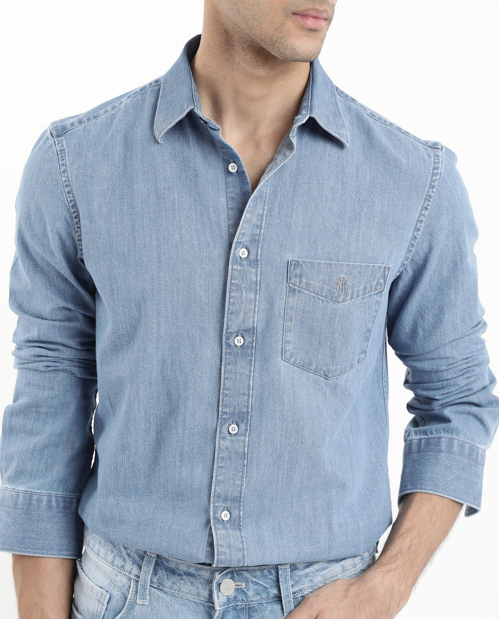 Rare Rabbit Men's Storm Light Blue Cotton Plain Regular Fit Full Sleeve Collared Denim Shirt
