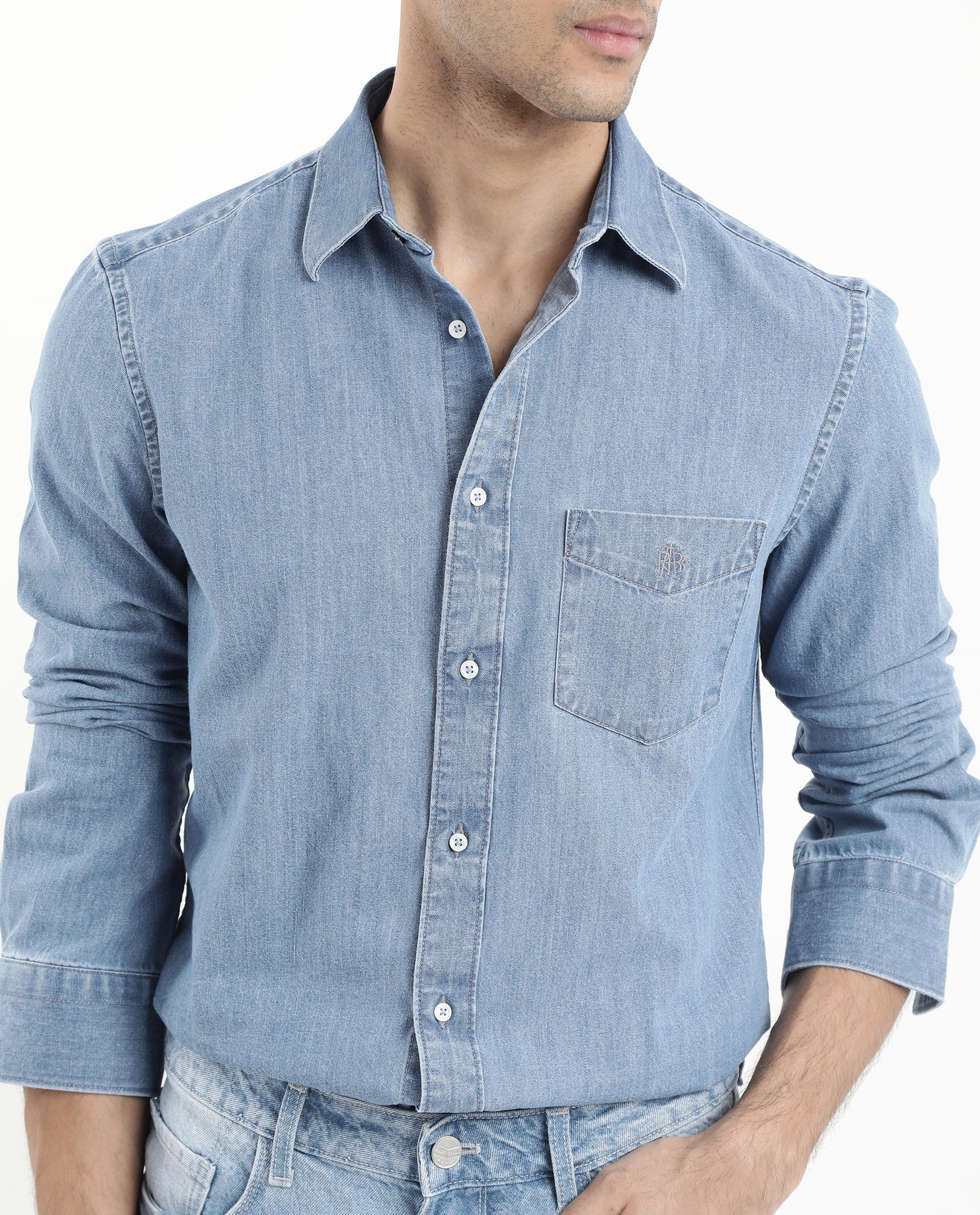 Rare Rabbit Men's Storm Light Blue Cotton Plain Regular Fit Full Sleeve Collared Denim Shirt