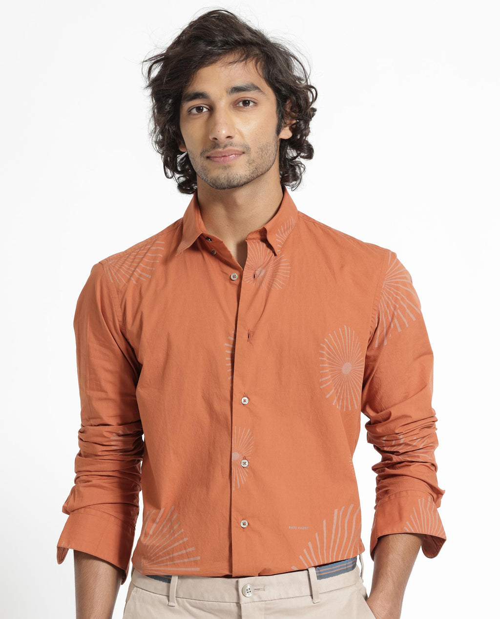 Rare Rabbit Men's Sunn Orange Cotton Floral Print Regular Fit Full Sleeve Collared Shirt