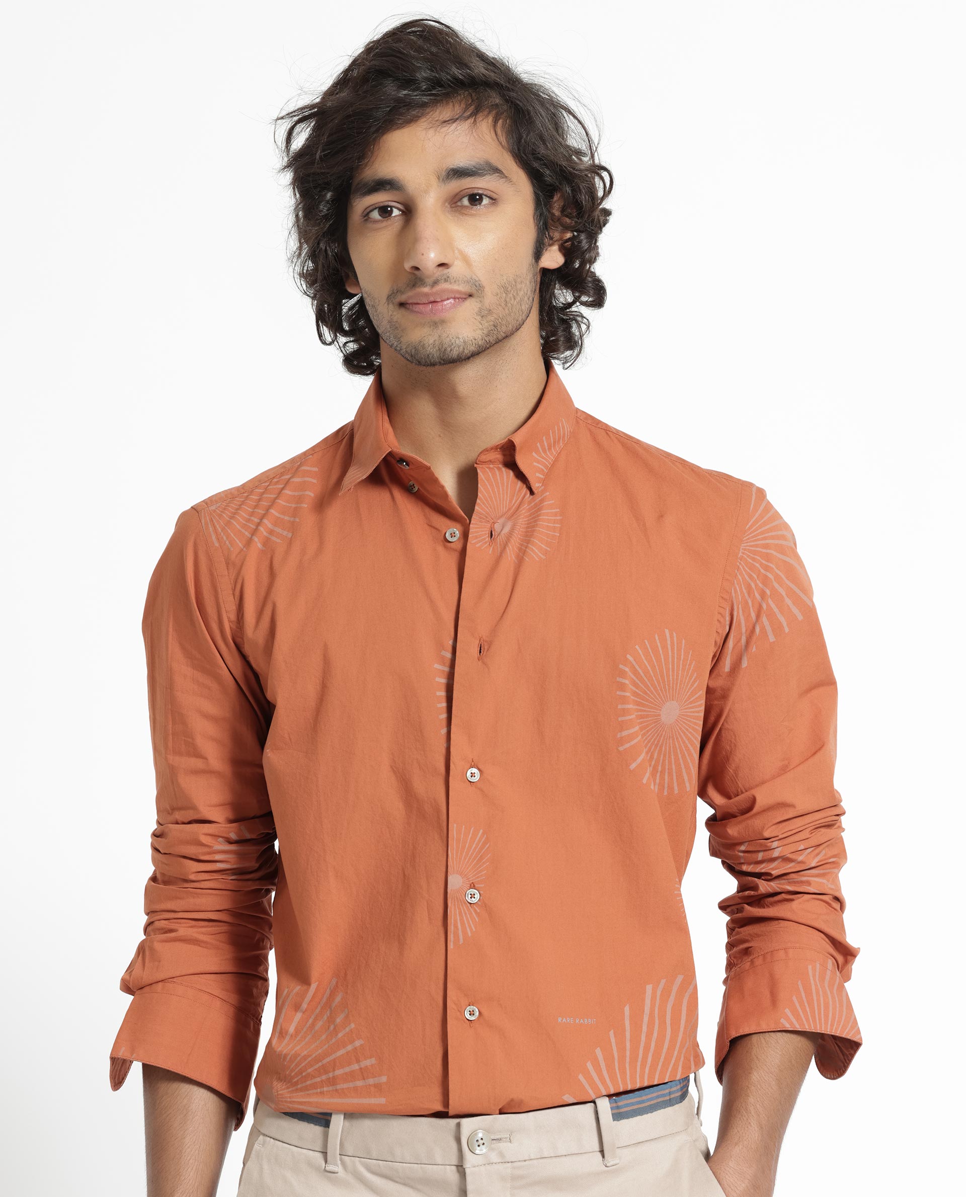 Rare Rabbit Men's Sunn Orange Cotton Floral Print Regular Fit Full Sleeve Collared Shirt