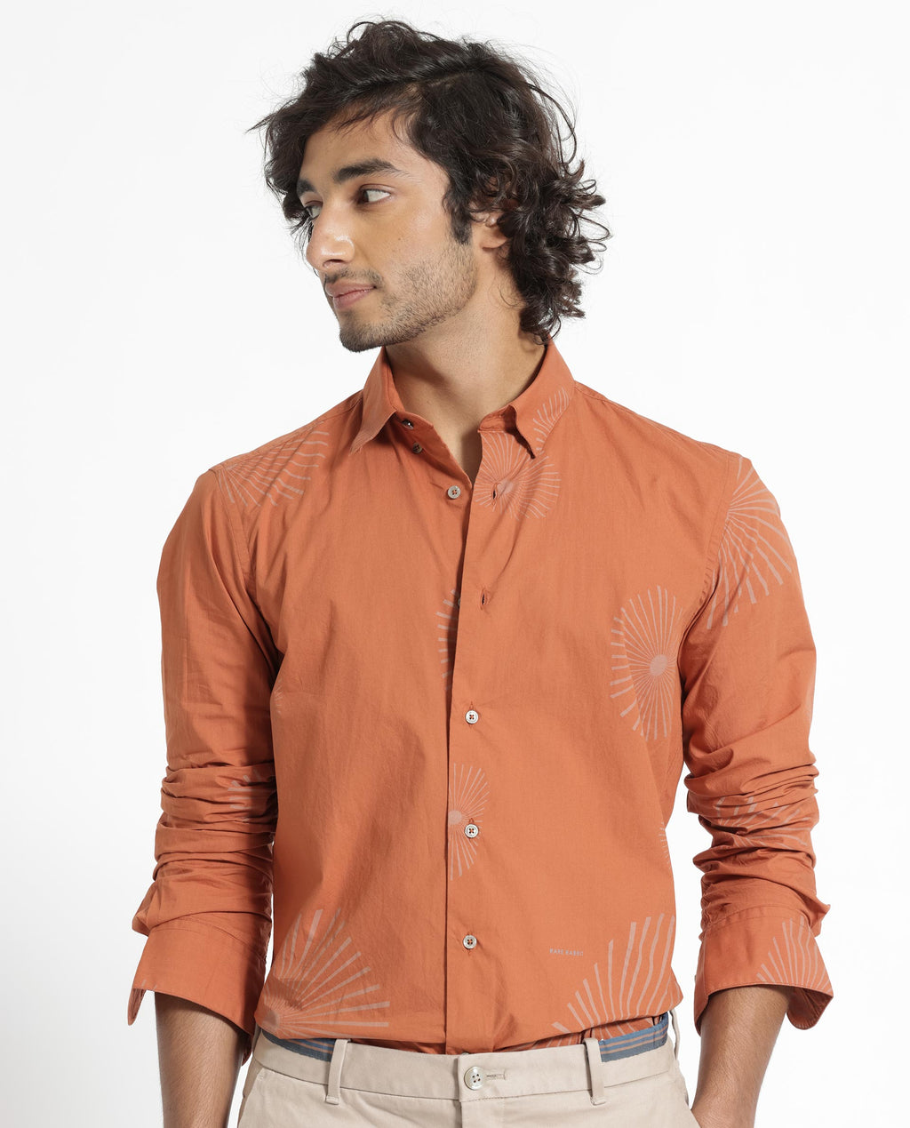 Rare Rabbit Men's Sunn Orange Cotton Floral Print Regular Fit Full Sleeve Collared Shirt