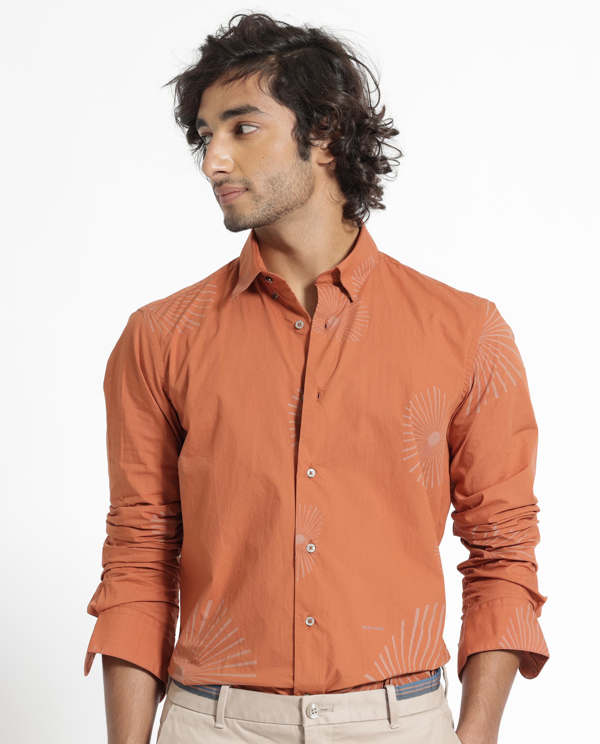 Rare Rabbit Men's Sunn Orange Cotton Floral Print Regular Fit Full Sleeve Collared Shirt