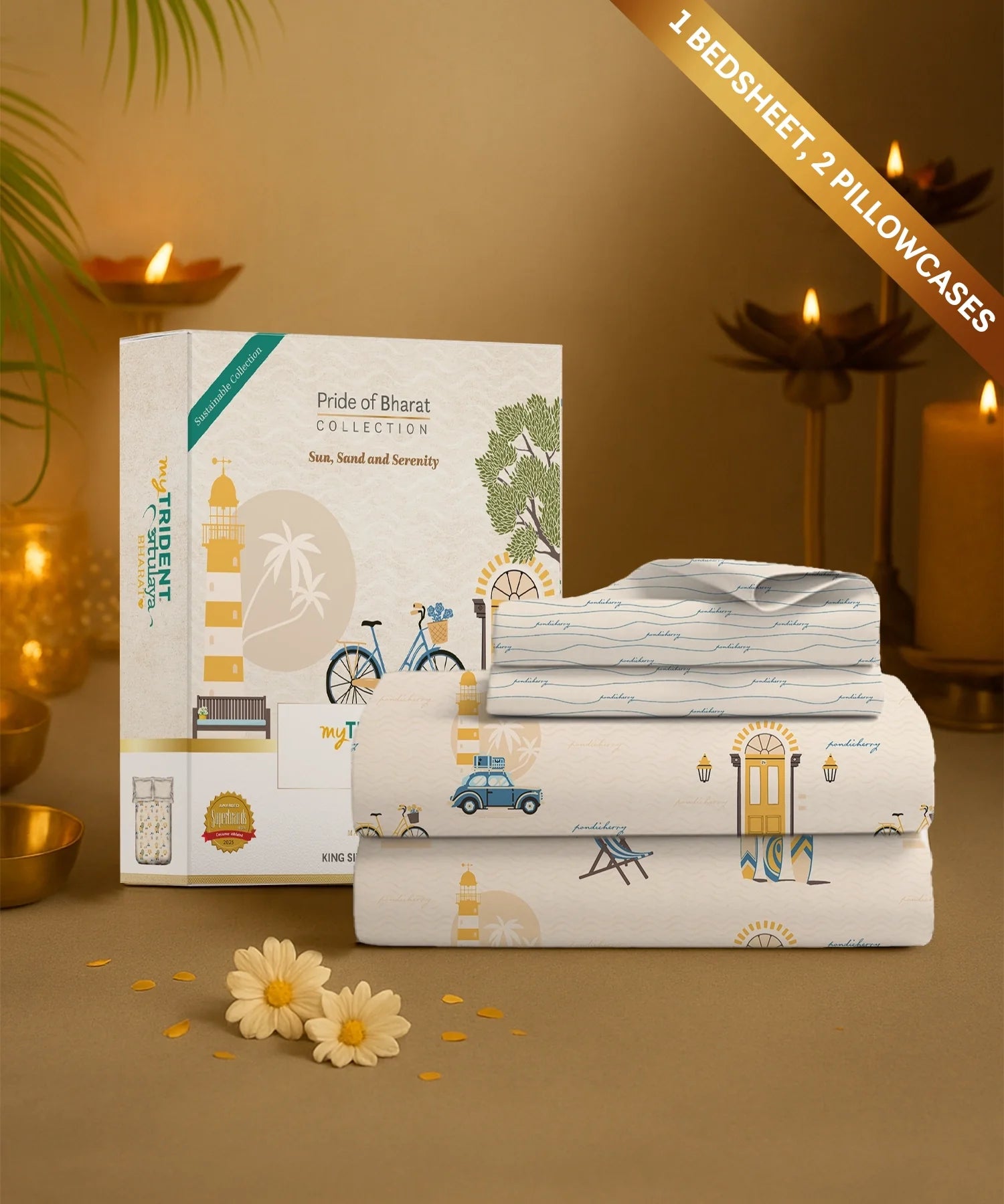 Atulaya Bharat King Bedsheet Set, Sun Sand & Serenity|144 TC Cotton|2 Pillow Covers