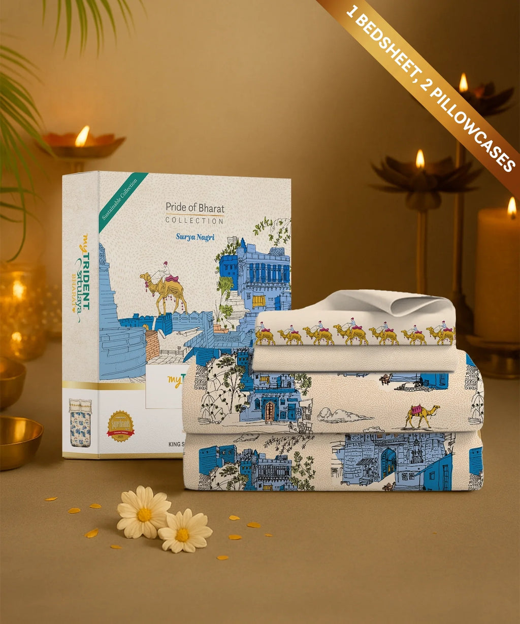 Atulaya Bharat King Bedsheet Set, Surya Nagri|144 TC Cotton|2 Pillow Covers