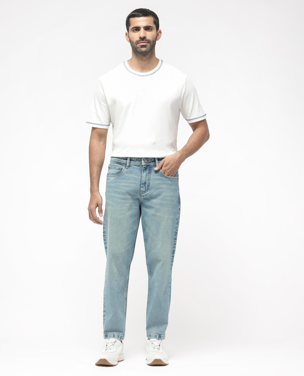 Rare Rabbit Men's Sam Pastel Blue Cotton Plain Kurt Carrot Fit Jeans