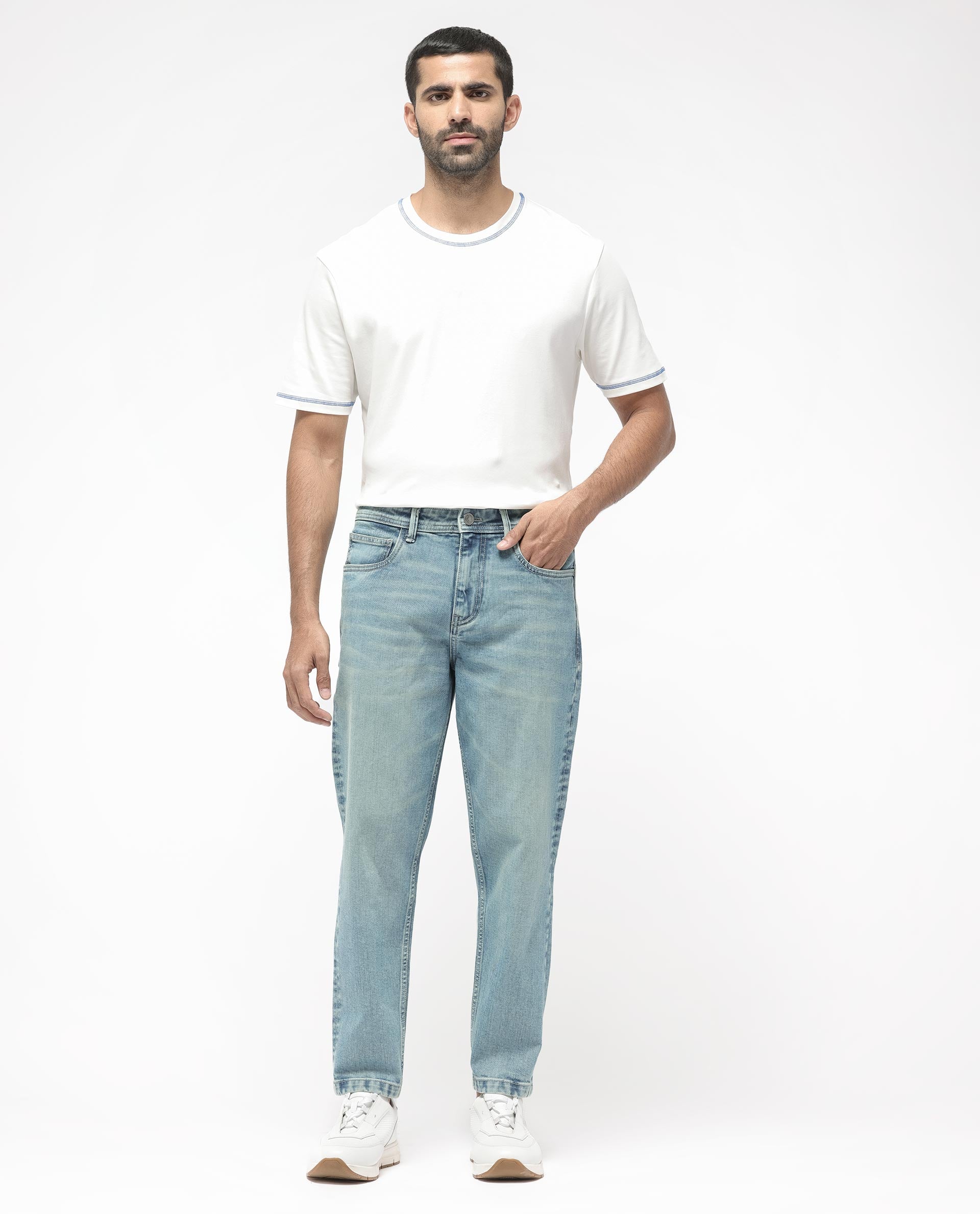 Rare Rabbit Men's Sam Pastel Blue Cotton Plain Kurt Carrot Fit Jeans
