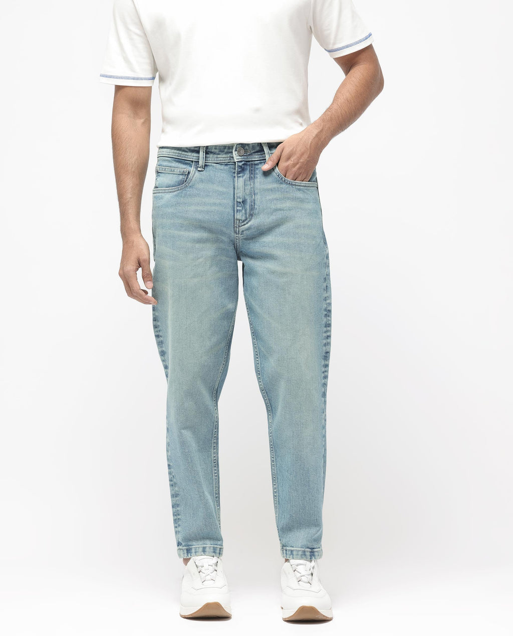 Rare Rabbit Men's Sam Pastel Blue Cotton Plain Kurt Carrot Fit Jeans