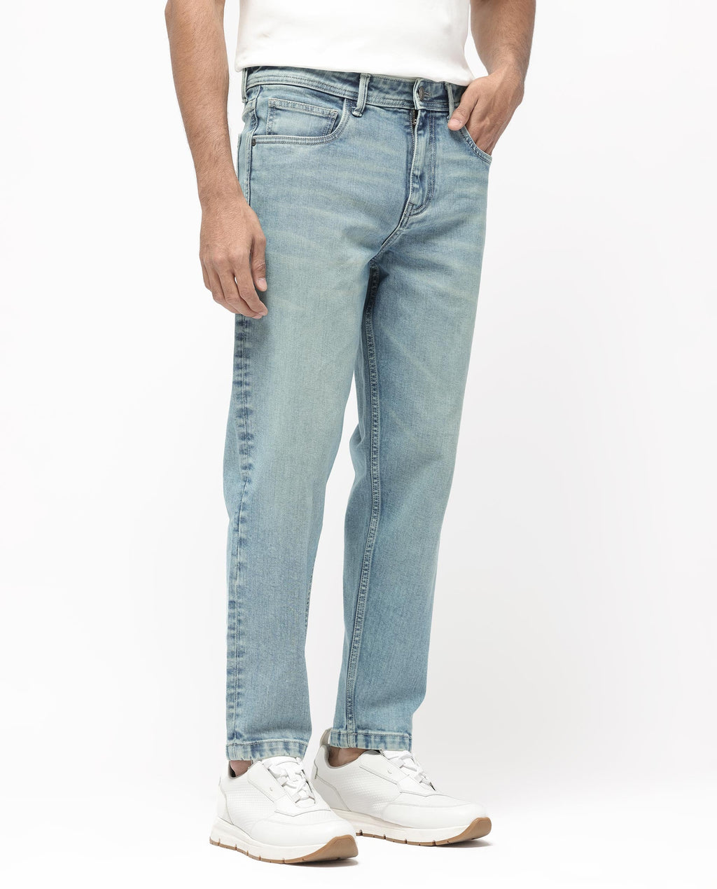 Rare Rabbit Men's Sam Pastel Blue Cotton Plain Kurt Carrot Fit Jeans