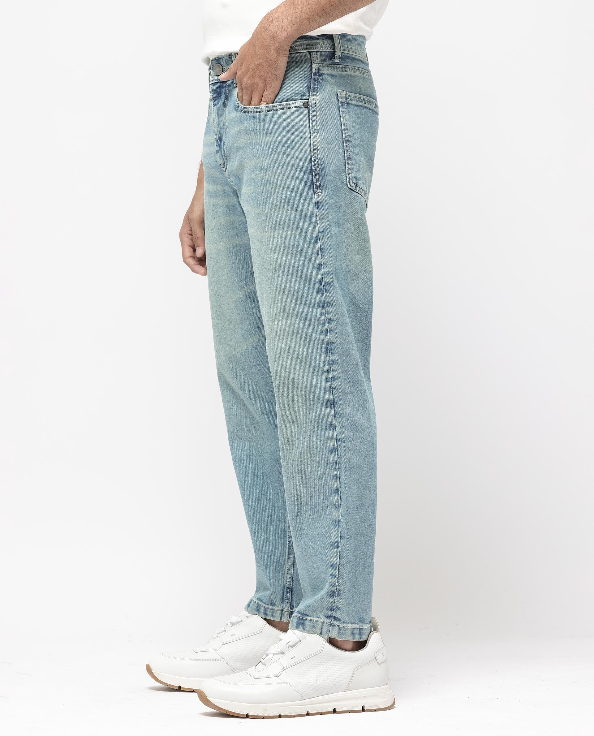 Rare Rabbit Men's Sam Pastel Blue Cotton Plain Kurt Carrot Fit Jeans
