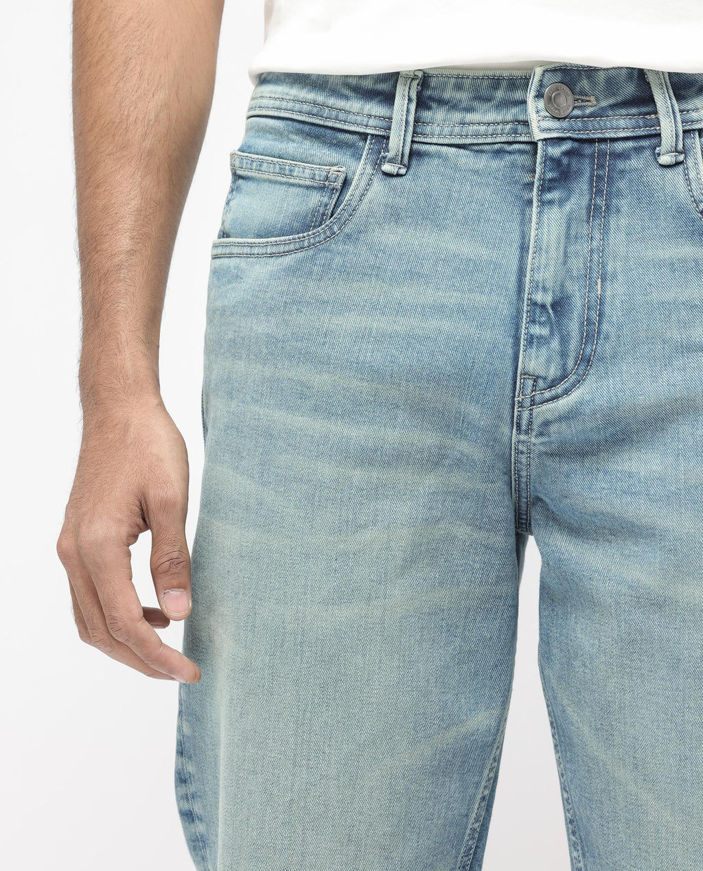 Rare Rabbit Men's Sam Pastel Blue Cotton Plain Kurt Carrot Fit Jeans