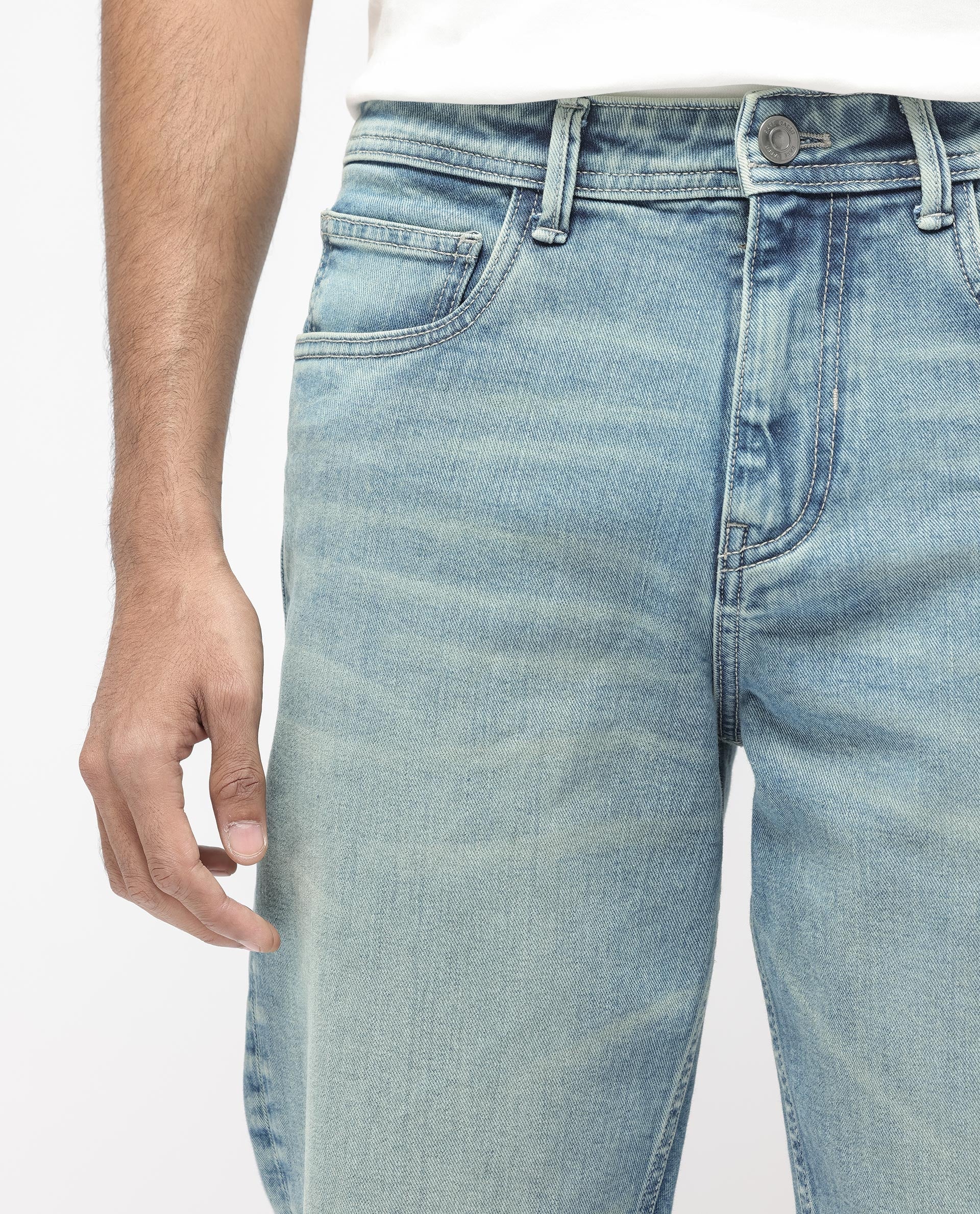 Rare Rabbit Men's Sam Pastel Blue Cotton Plain Kurt Carrot Fit Jeans