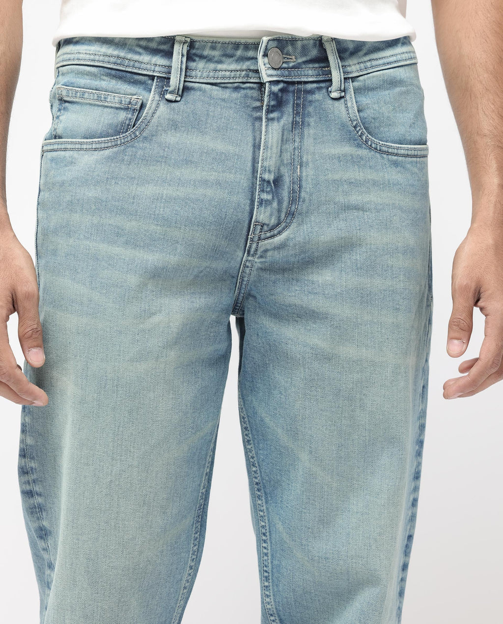 Rare Rabbit Men's Sam Pastel Blue Cotton Plain Kurt Carrot Fit Jeans