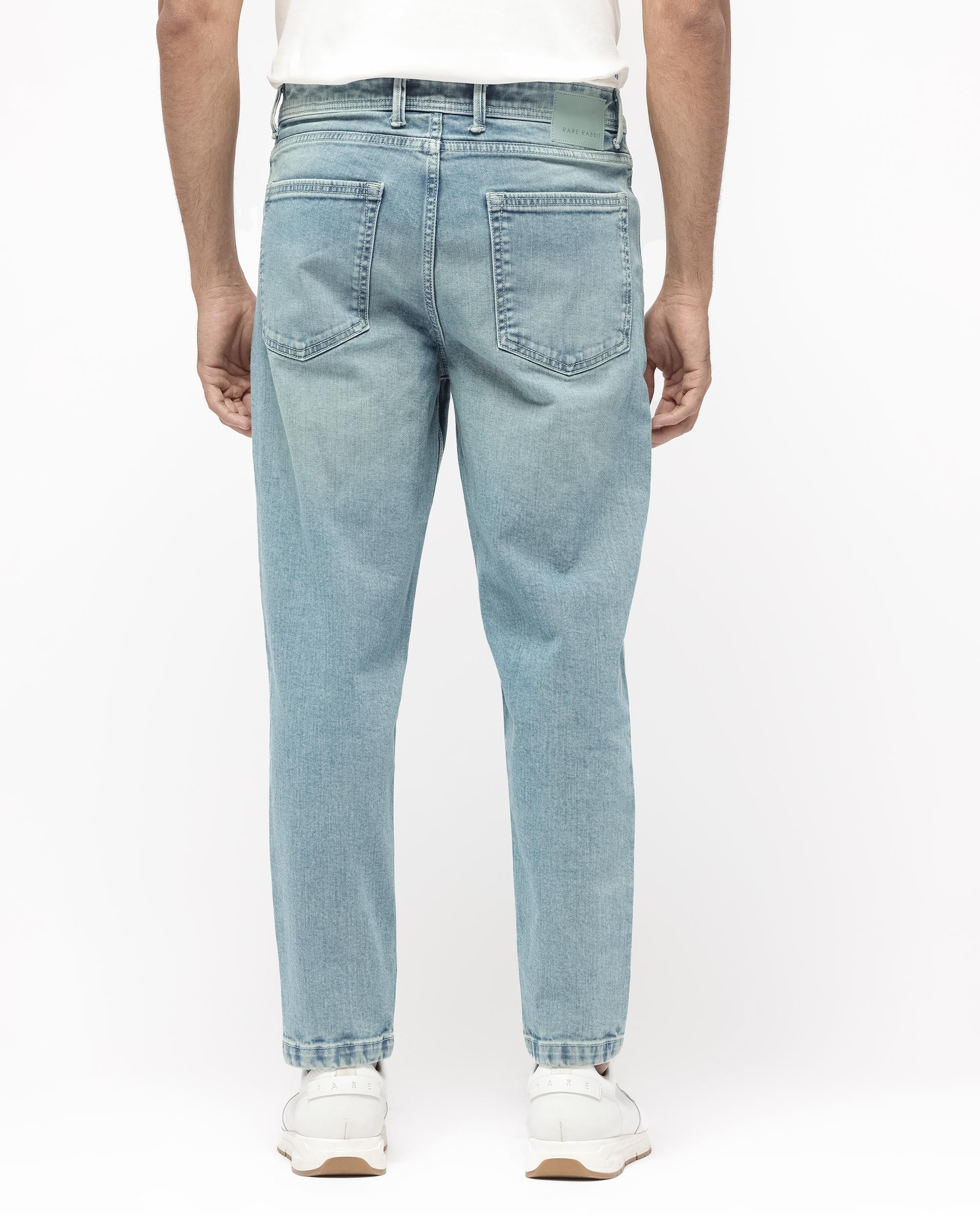 Rare Rabbit Men's Sam Pastel Blue Cotton Plain Kurt Carrot Fit Jeans