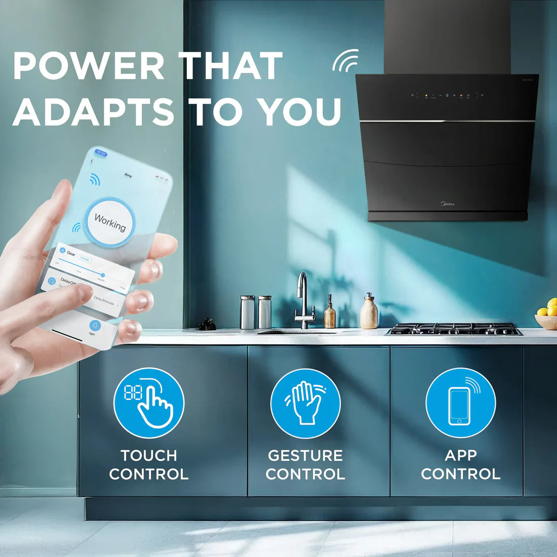 Midea Kitchen Chimney with 1800 m3/hr air suction, Slant, BLDC Motor, 60 CM with WiFi, Intelli Auto Clean, Multi Speed Control, MH60J63ET25BF