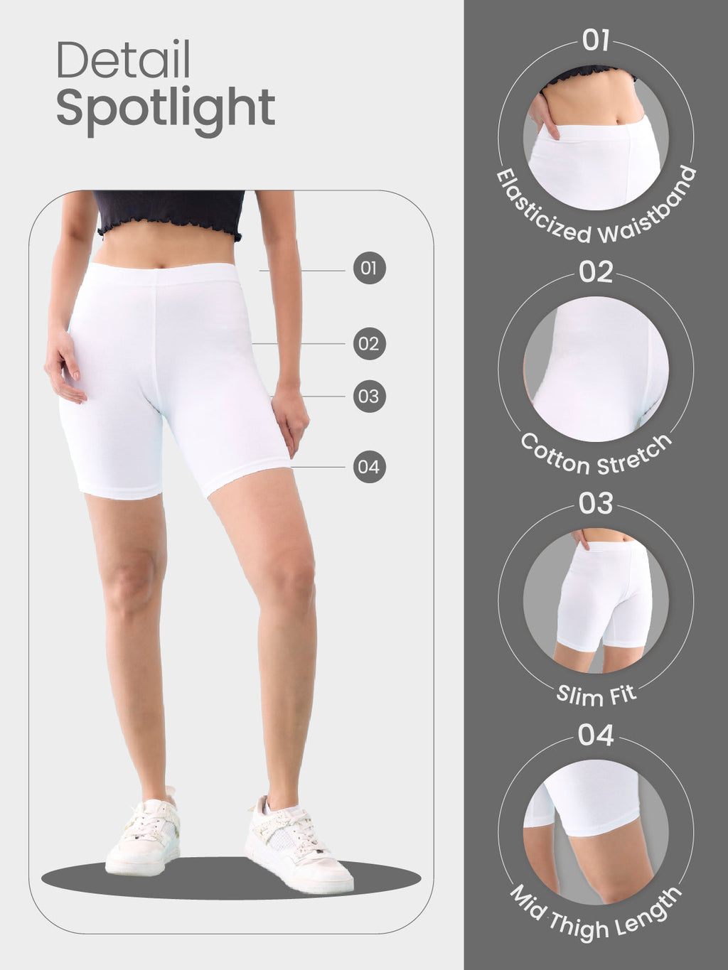 Silver Grey Cotton Stretch Cycling Shorts