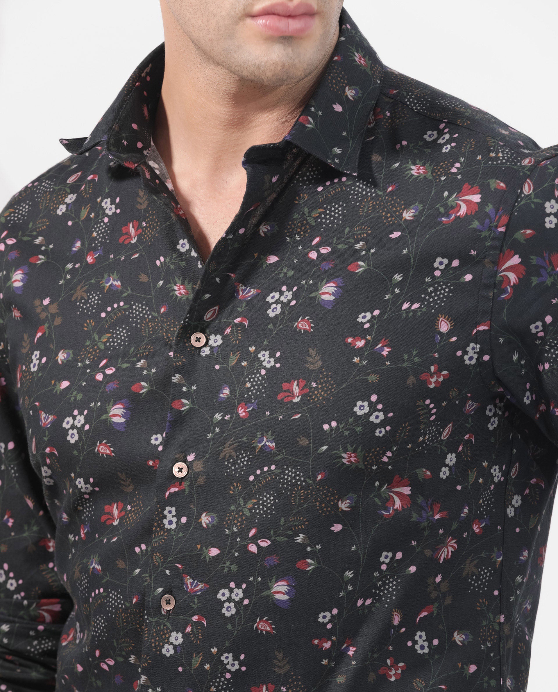 Rare Rabbit Men's Teleux Black Cotton Floral Print Tailored Fit Full Sleeve Collared Shirt