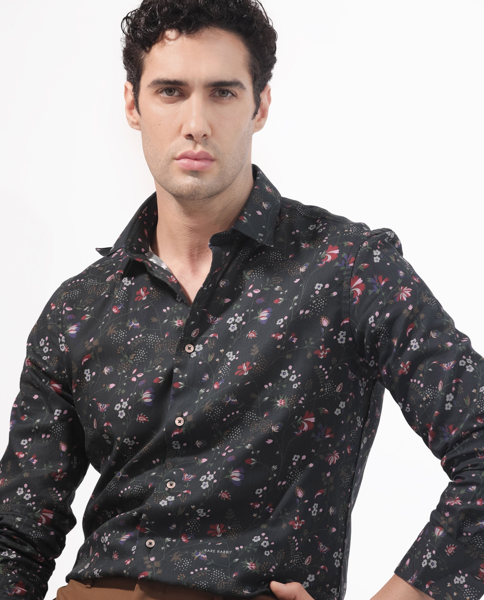 Rare Rabbit Men's Teleux Black Cotton Floral Print Tailored Fit Full Sleeve Collared Shirt