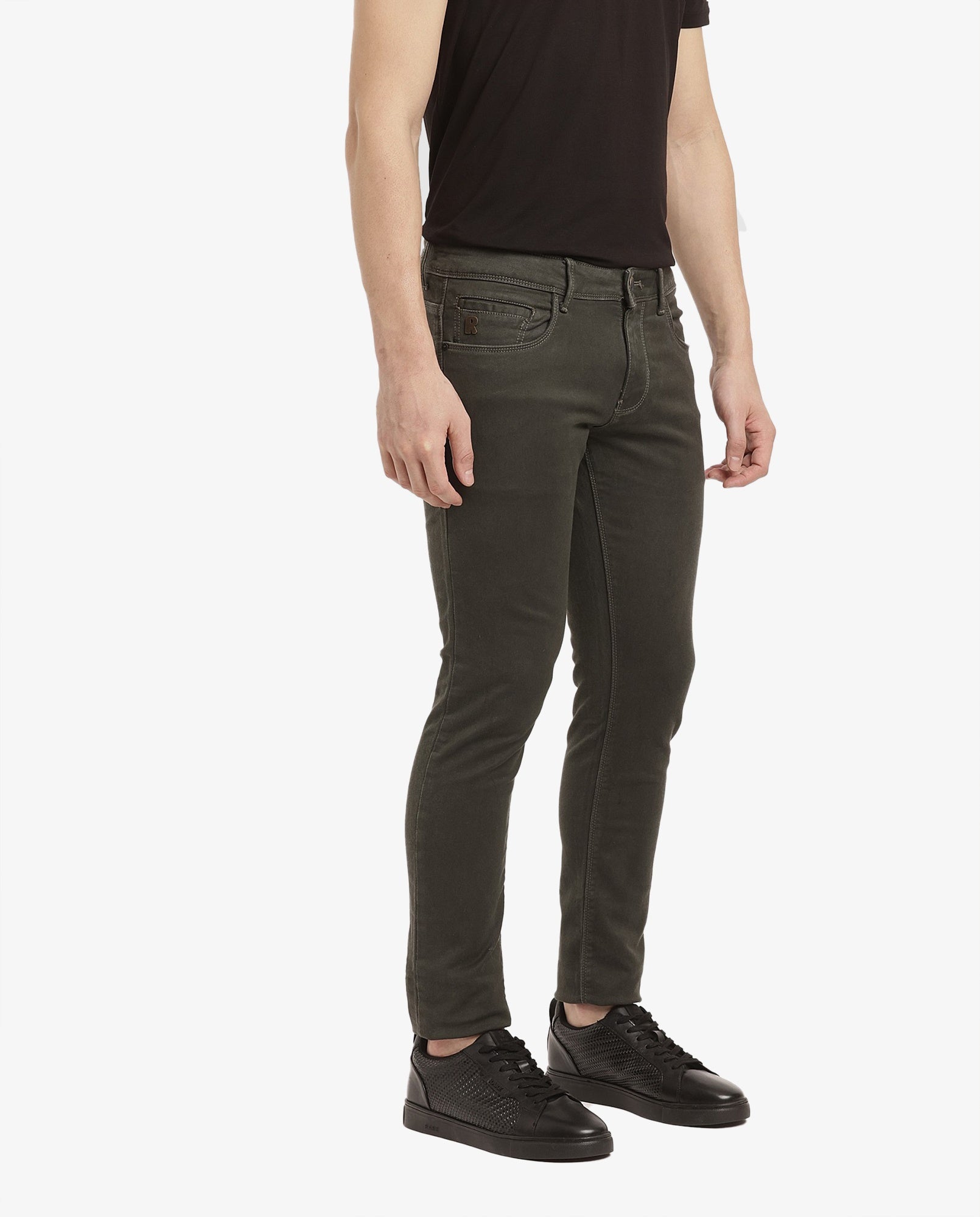 Rare Rabbit Men's Terra Olive Cotton Plain Hawk Slim Fit Jeans