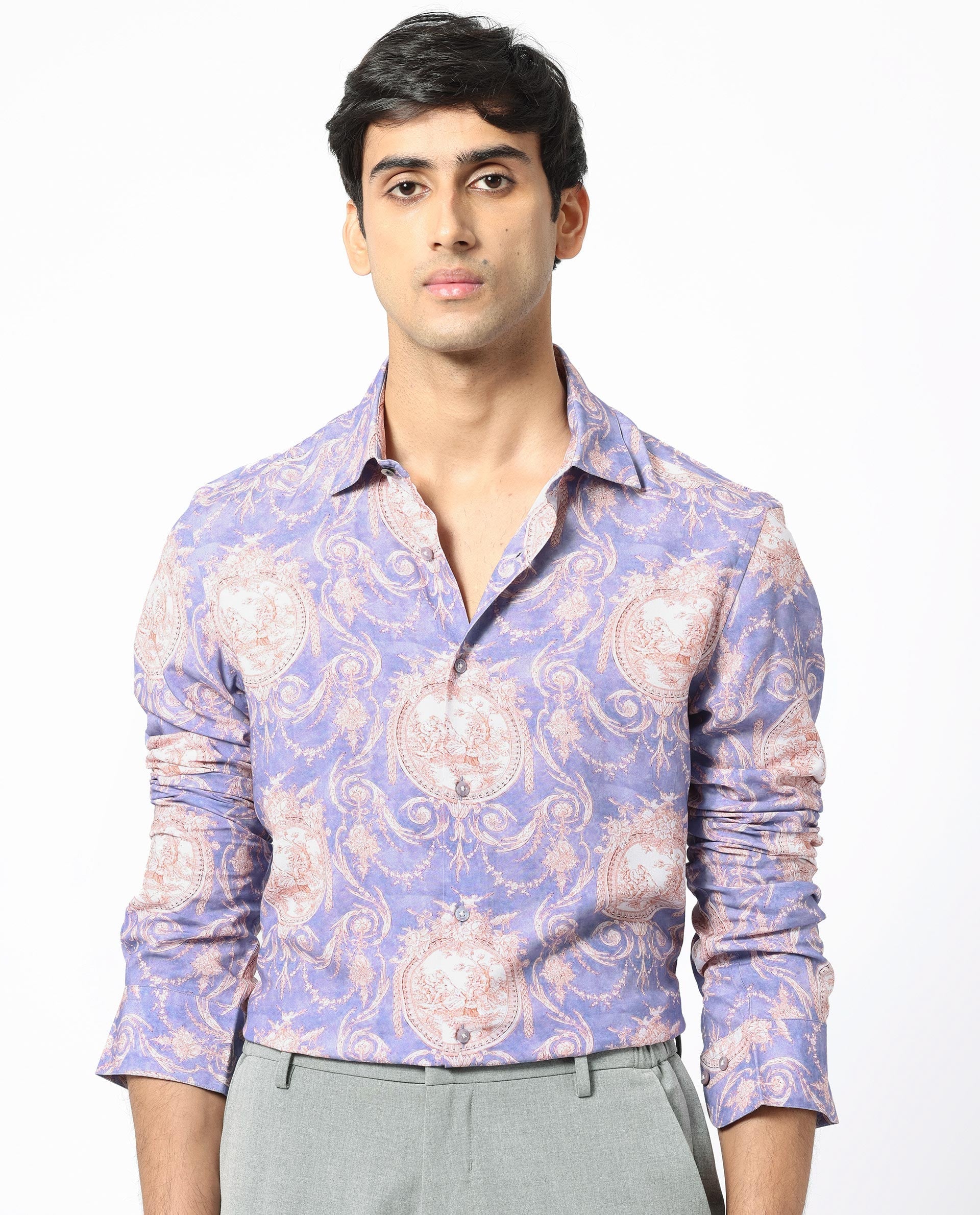 Rare Rabbit Men's Theon Dusky Purple Viscose Floral Print Regular Fit Full Sleeve Collared Shirt