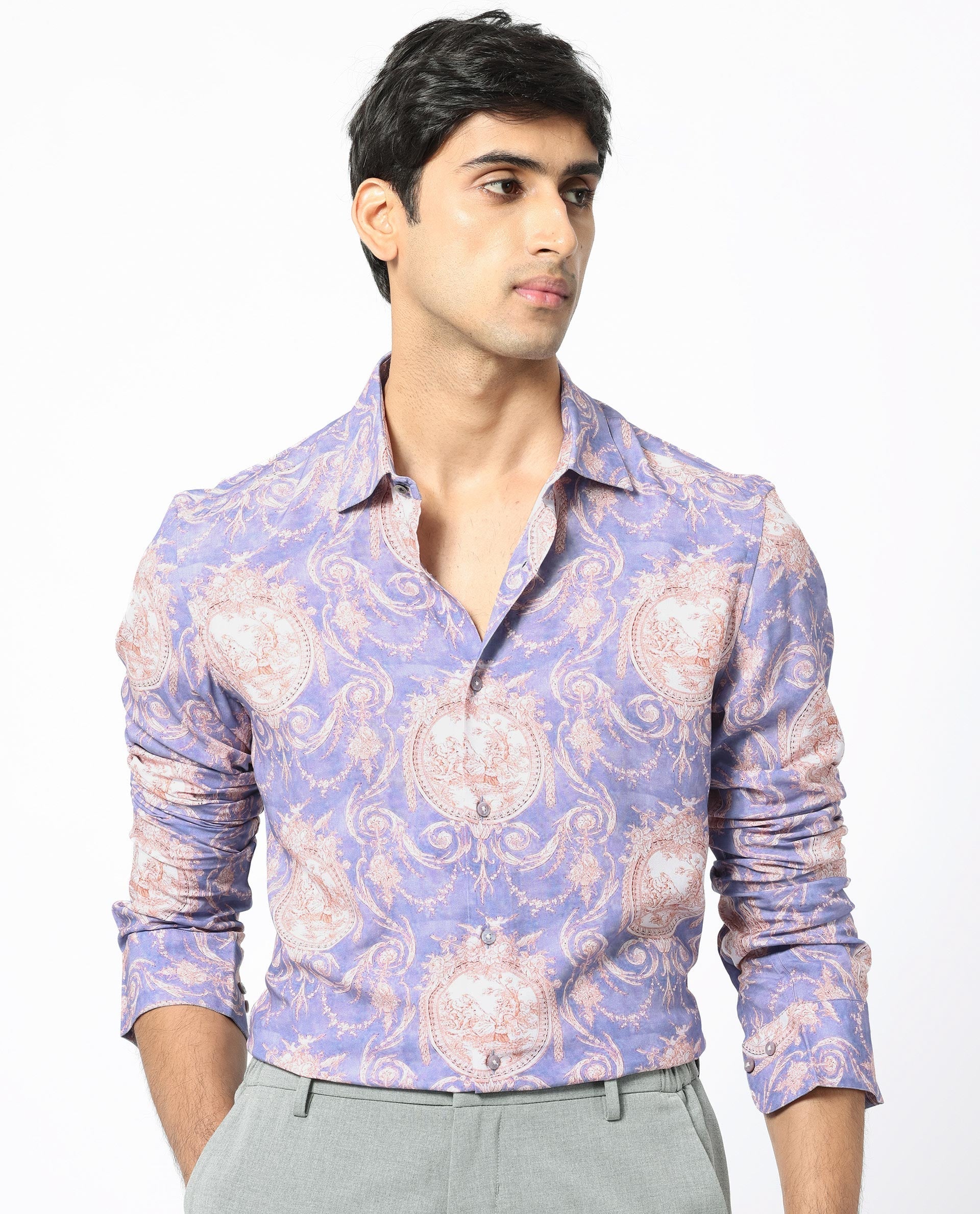 Rare Rabbit Men's Theon Dusky Purple Viscose Floral Print Regular Fit Full Sleeve Collared Shirt