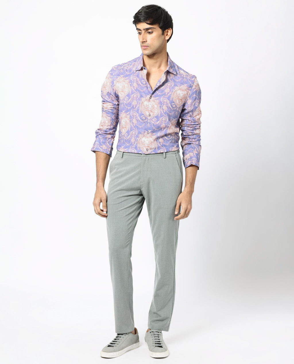 Rare Rabbit Men's Theon Dusky Purple Viscose Floral Print Regular Fit Full Sleeve Collared Shirt